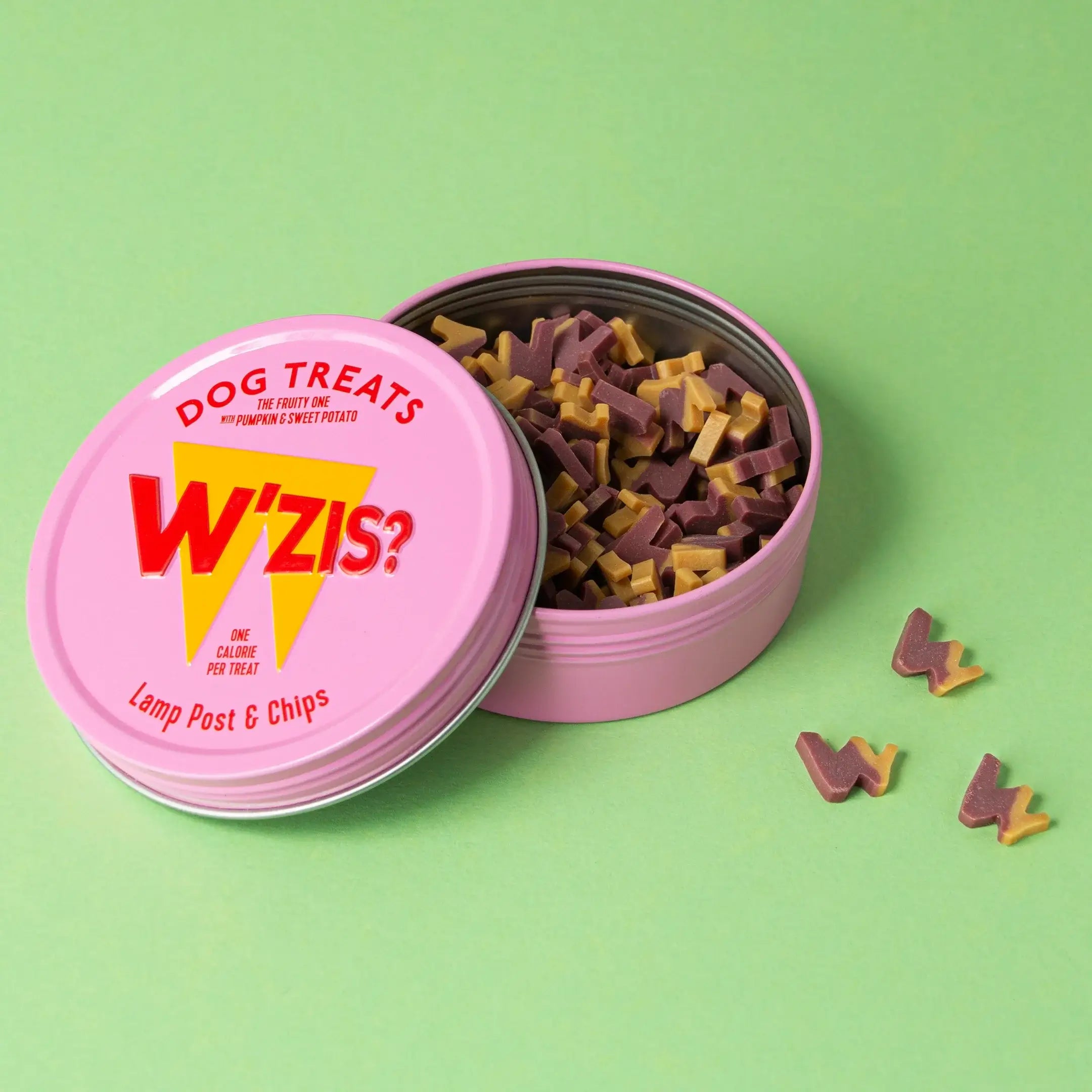 W'ZIS Lamp Post & Chips vegan dog treats in a pink tin