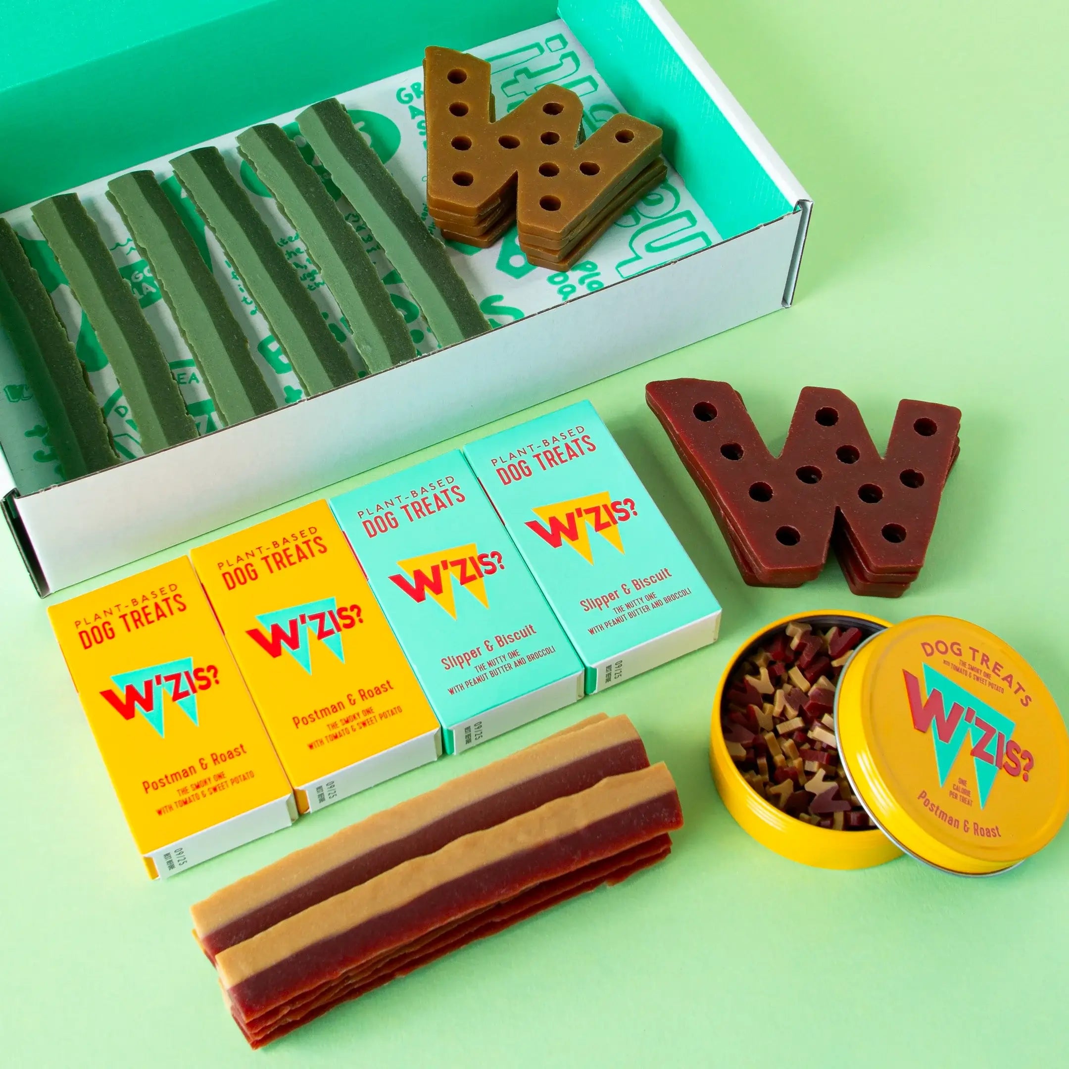 Close-up of W'ZIS Sampler Box with low calorie dog chews