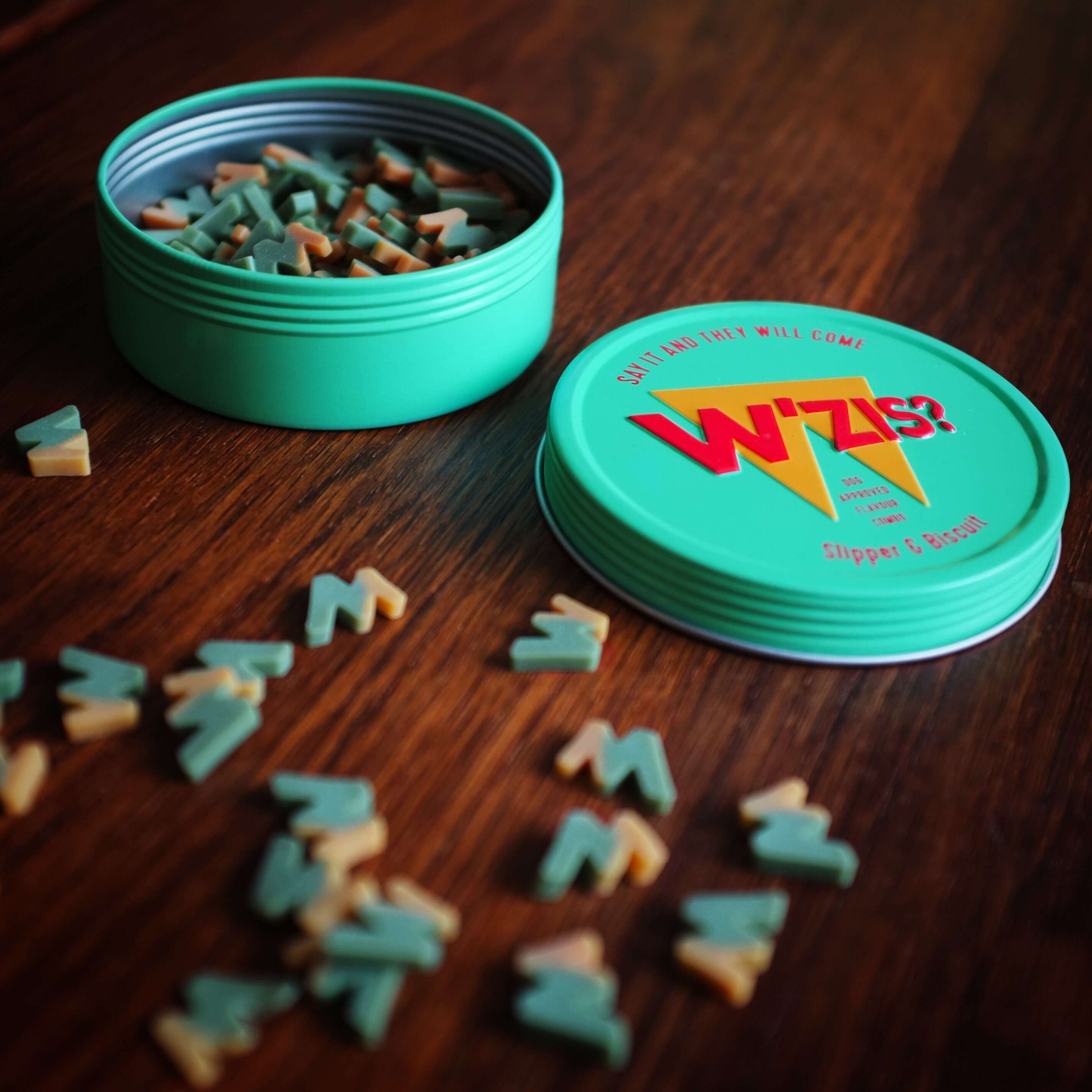 Close-up of W'ZIS Slipper & Biscuit vegan dog treats