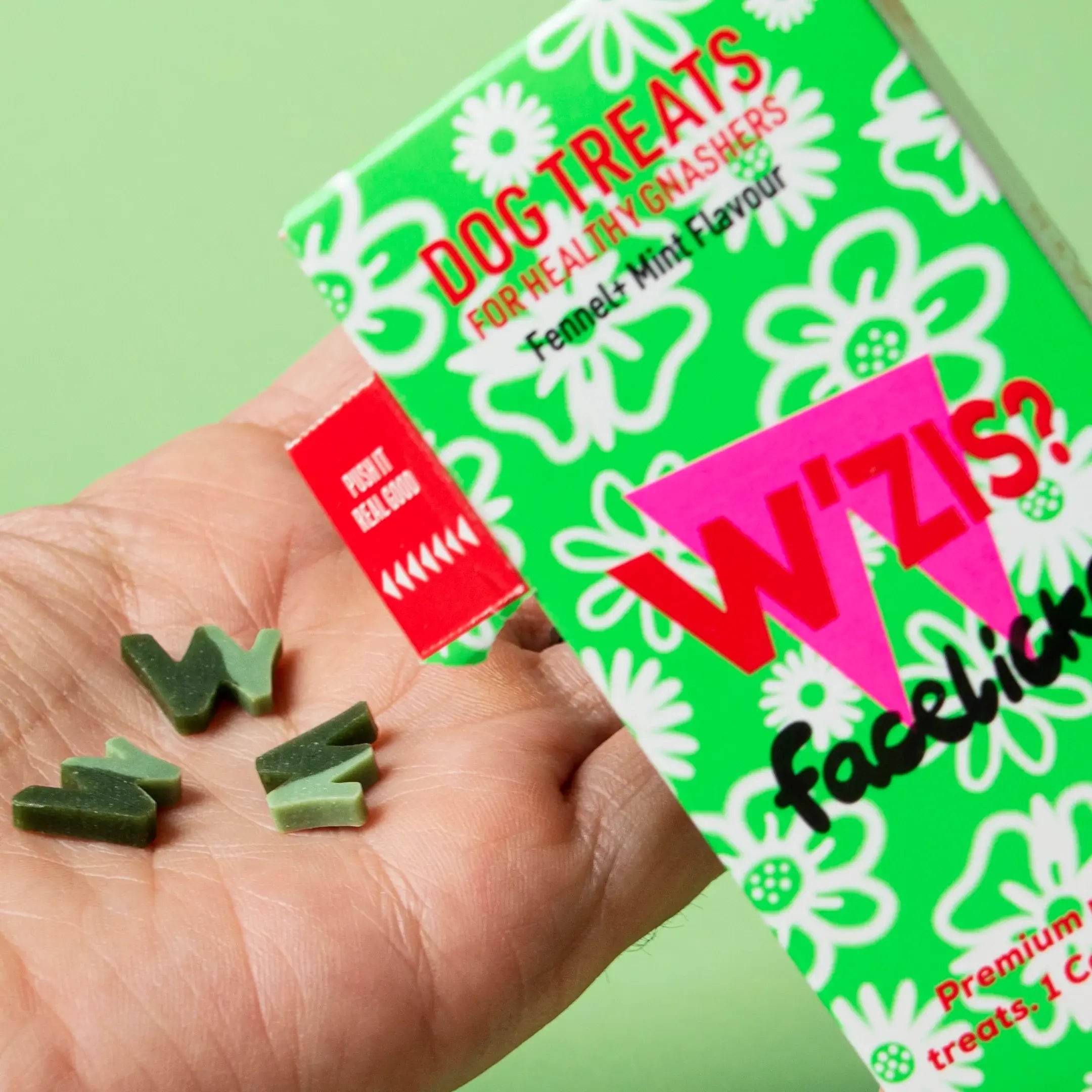 Close-up of  our sugar free Facelicker treats - fresh breath dog chews