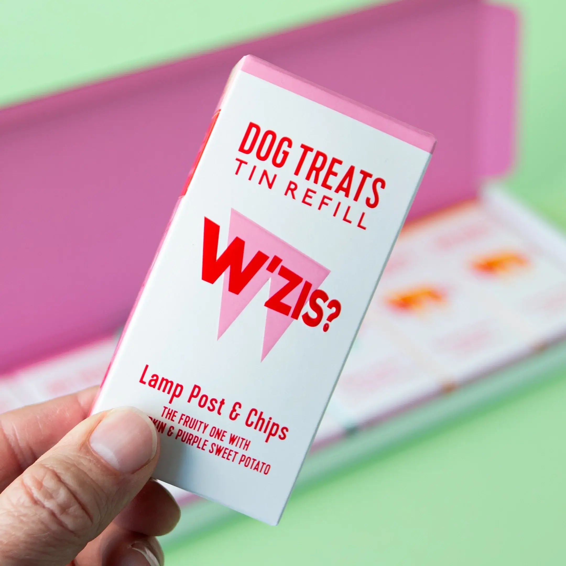 Close-up of W'ZIS Lamp Post & Chips 1 calorie dog treats box