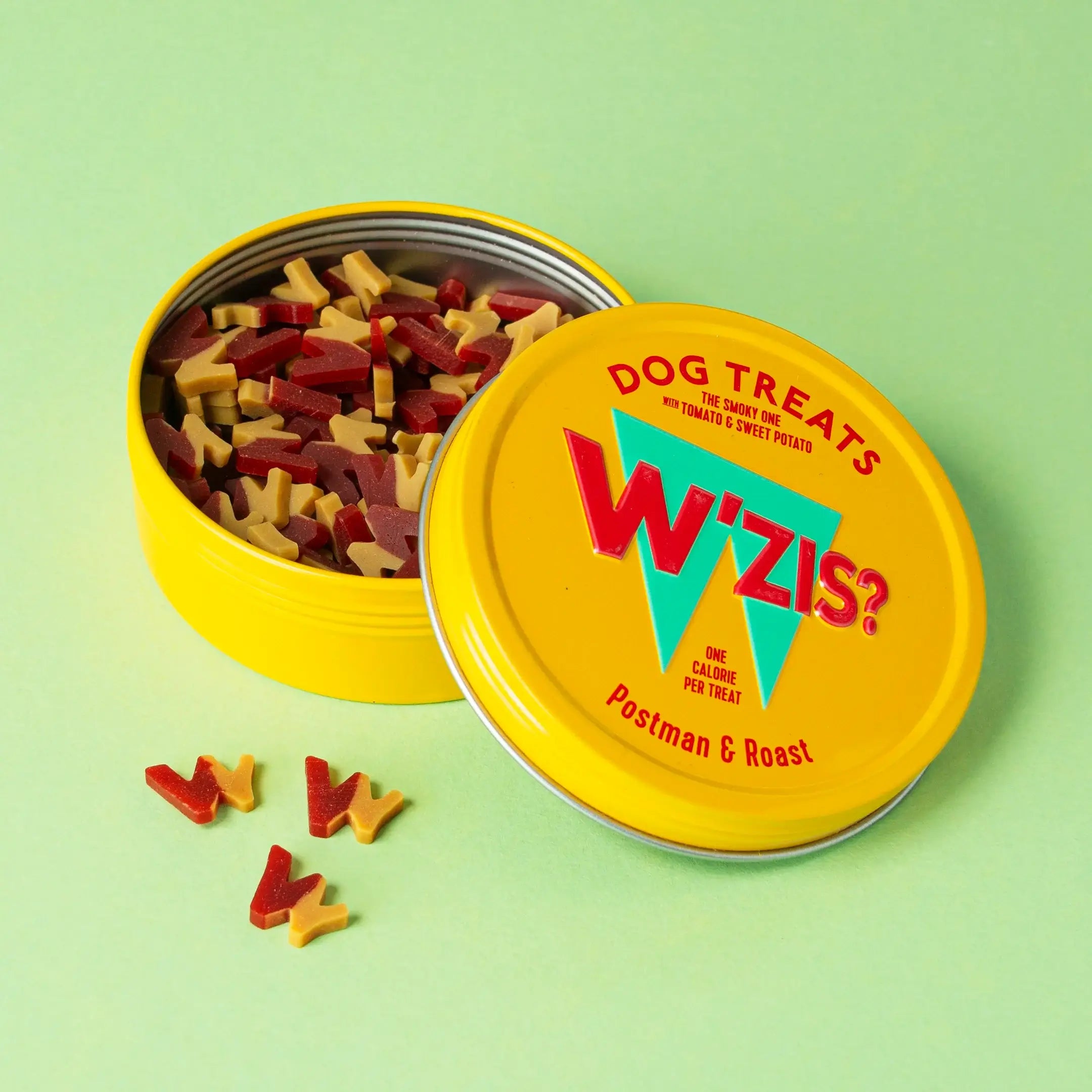 Postman & Roast dog treats in a yellow tin